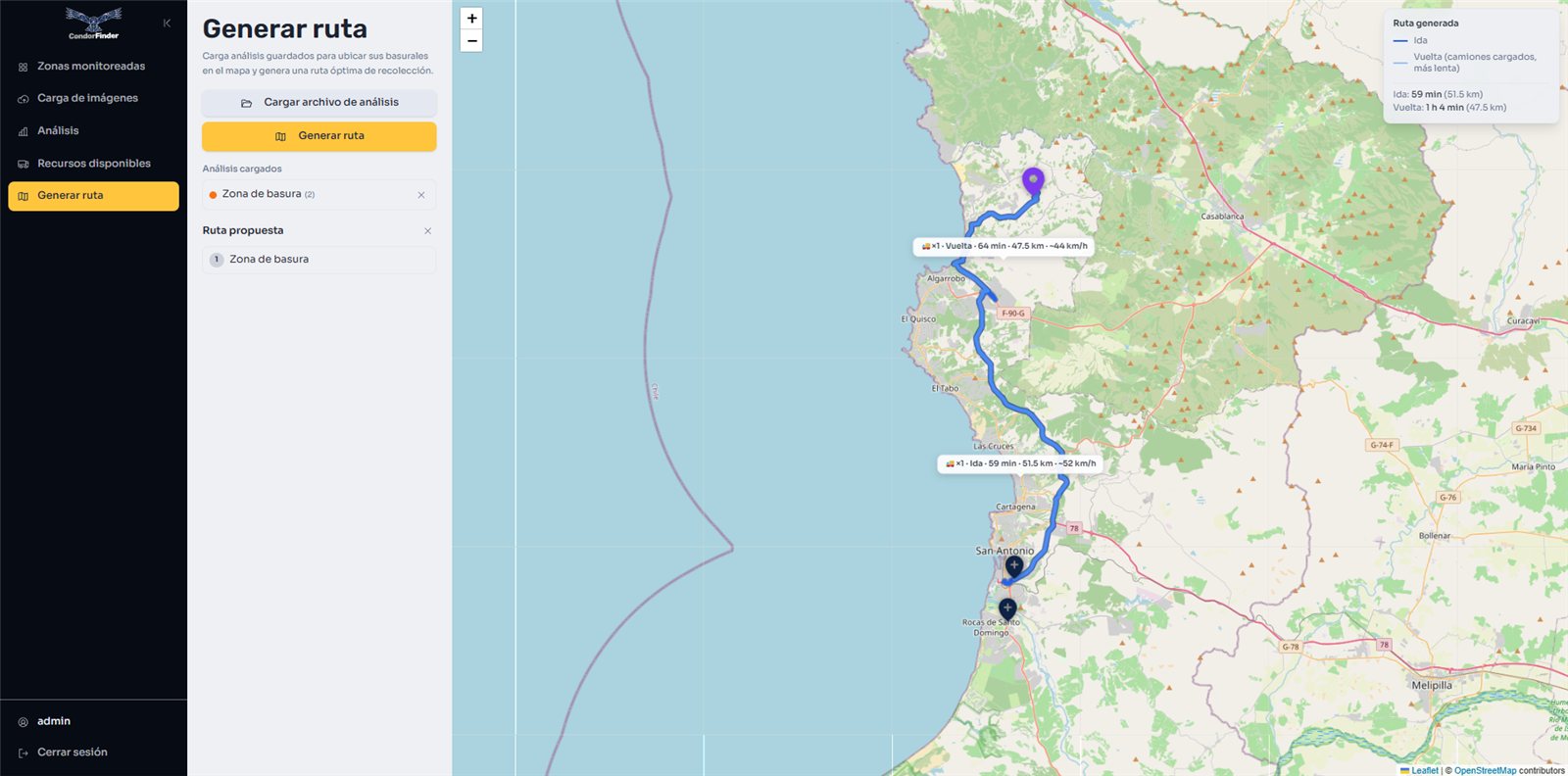 Ruta óptima de recolección generada por CondorFinder sobre el mapa